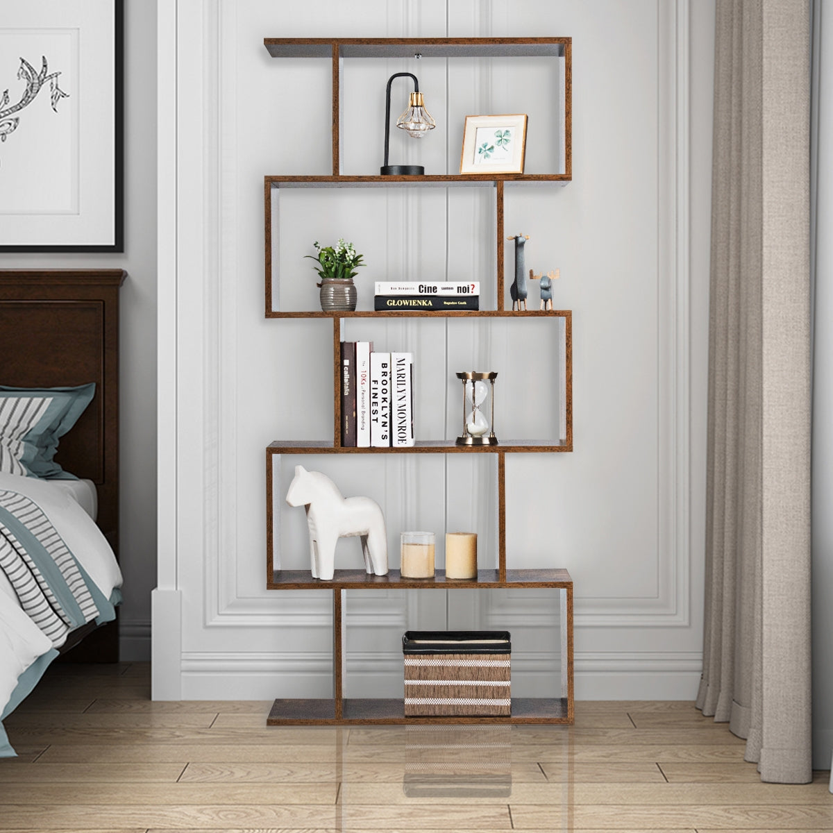 Estante en S con 5 Niveles Librería de Madera Multiuso en Estilo Industrial para Salón Dormitorio Casa Oficina Marrón Rústico 70 x 24 x 158 cm