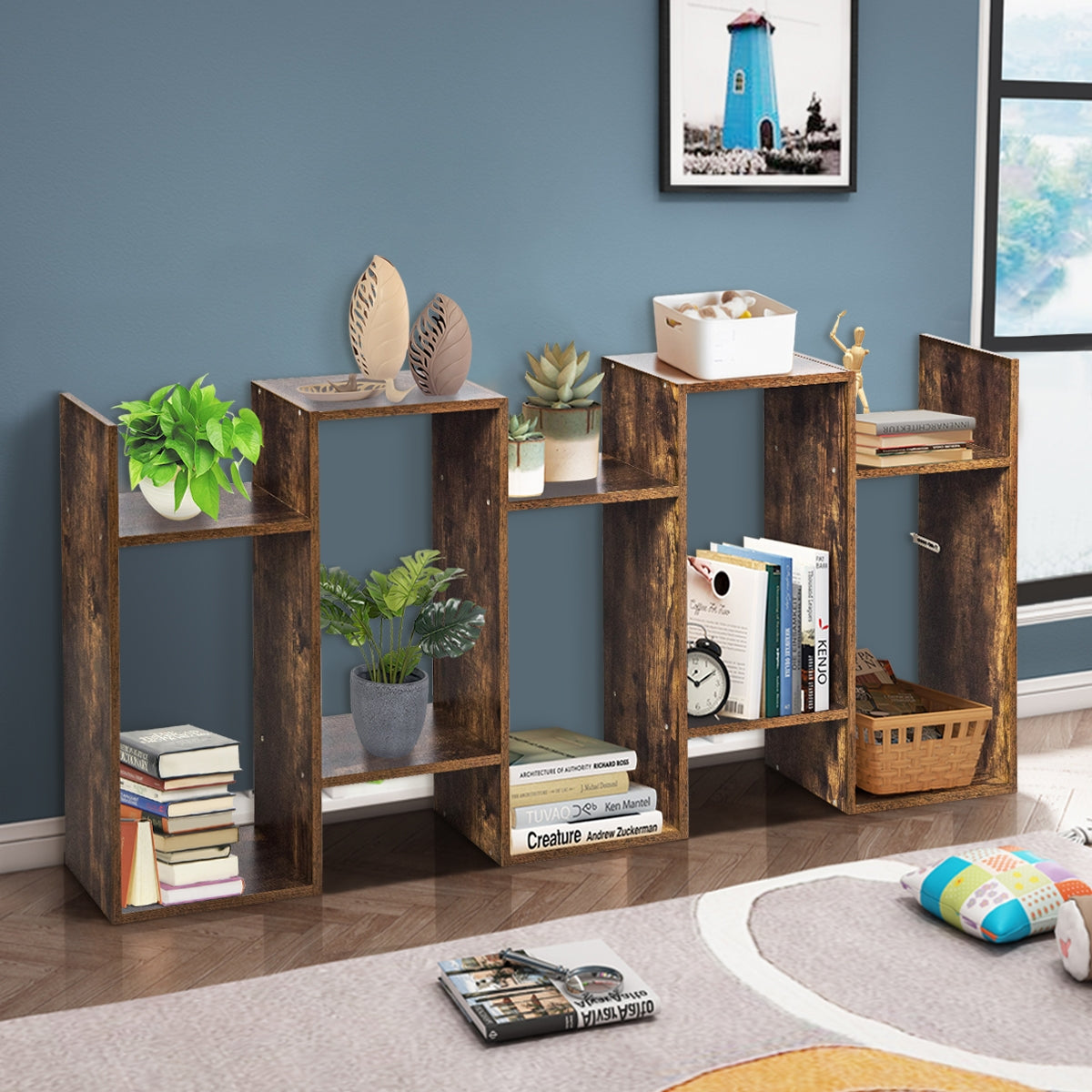 Estante en S con 5 Niveles Librería de Madera Multiuso en Estilo Industrial para Salón Dormitorio Casa Oficina Marrón Rústico 70 x 24 x 158 cm