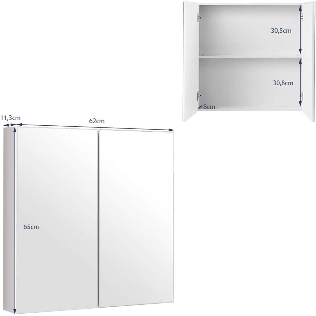 Armario de Baño con Espejo de Pared con 2 Puertas 2 Estante de Almacenamiento Blanco 62 x 11,3 x 65 cm