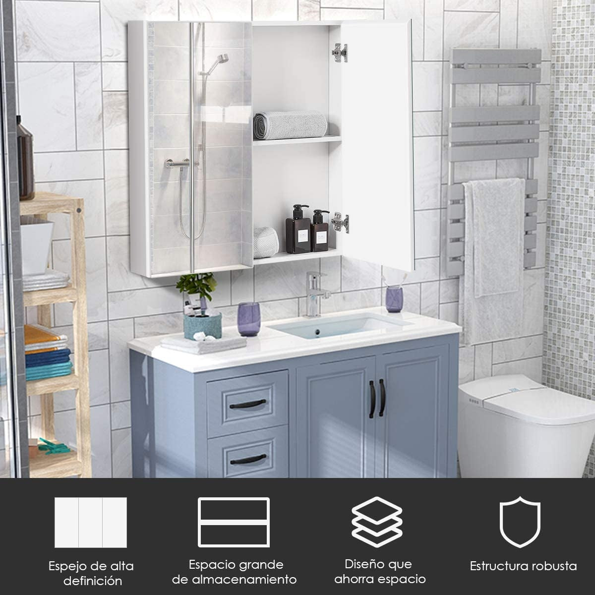 Armario de Baño con Espejo de Pared con 2 Puertas 2 Estante de Almacenamiento Blanco 62 x 11,3 x 65 cm