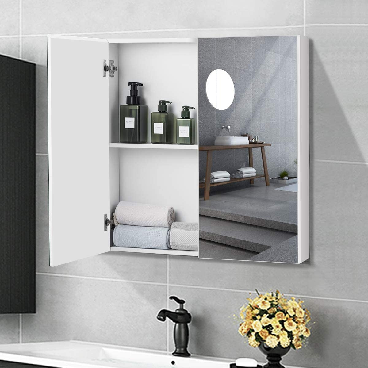 Armario de Baño con Espejo de Pared con 2 Puertas 2 Estante de Almacenamiento Blanco 62 x 11,3 x 65 cm