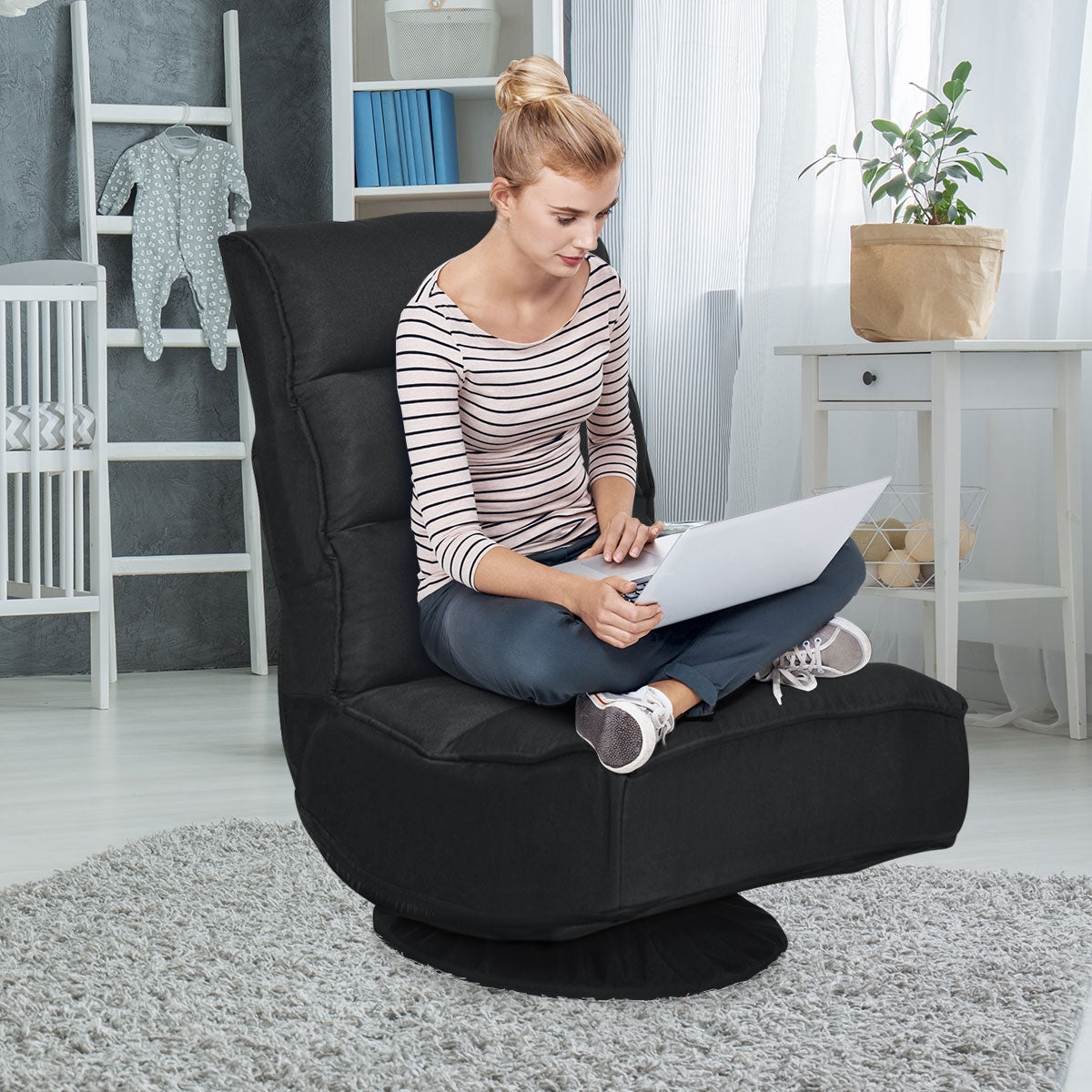 Silla a Ras de Suelo Giratoria a 360° Regulable en 5 Posiciones para Videojuegos Adultos Leer Mirar la TV Negro 59 x 75 x 83 cm