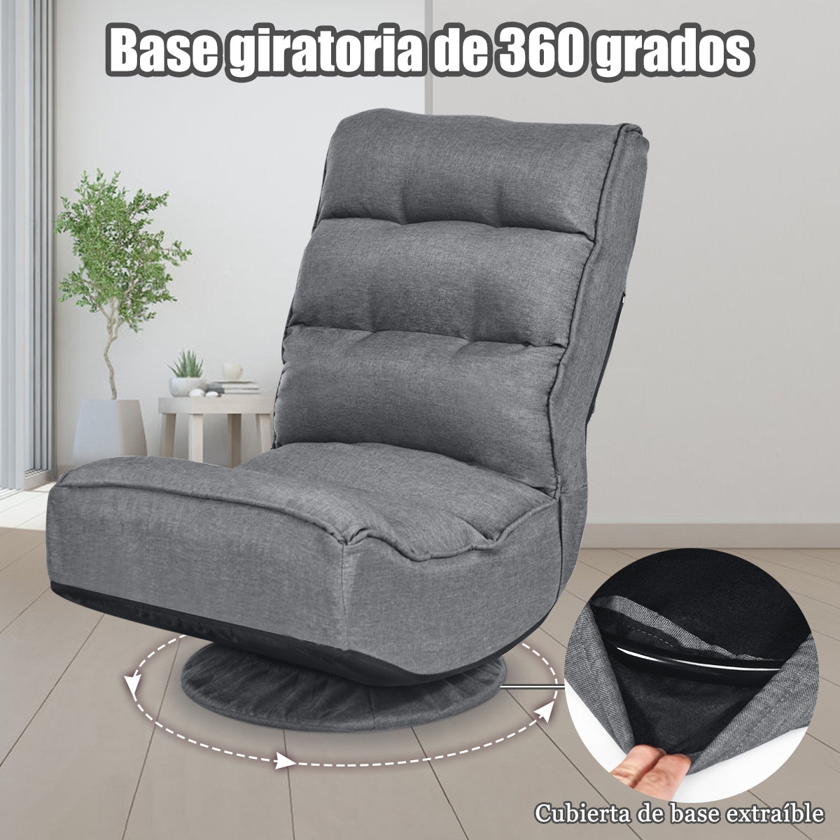 Silla a Ras de Suelo Giratoria a 360° Regulable en 5 Posiciones para Videojuegos Adultos Leer Mirar la TV Gris 59 x 75 x 83 cm