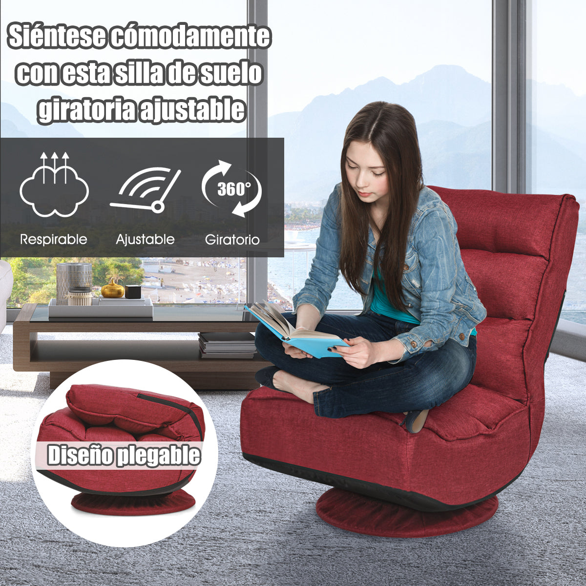 Silla a Ras de Suelo Giratoria a 360° Regulable en 5 Posiciones para Videojuegos Adultos Leer Mirar la TV Rojo 59 x 75 x 83 cm