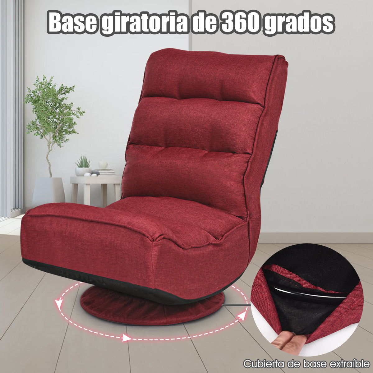 Silla a Ras de Suelo Giratoria a 360° Regulable en 5 Posiciones para Videojuegos Adultos Leer Mirar la TV Rojo 59 x 75 x 83 cm