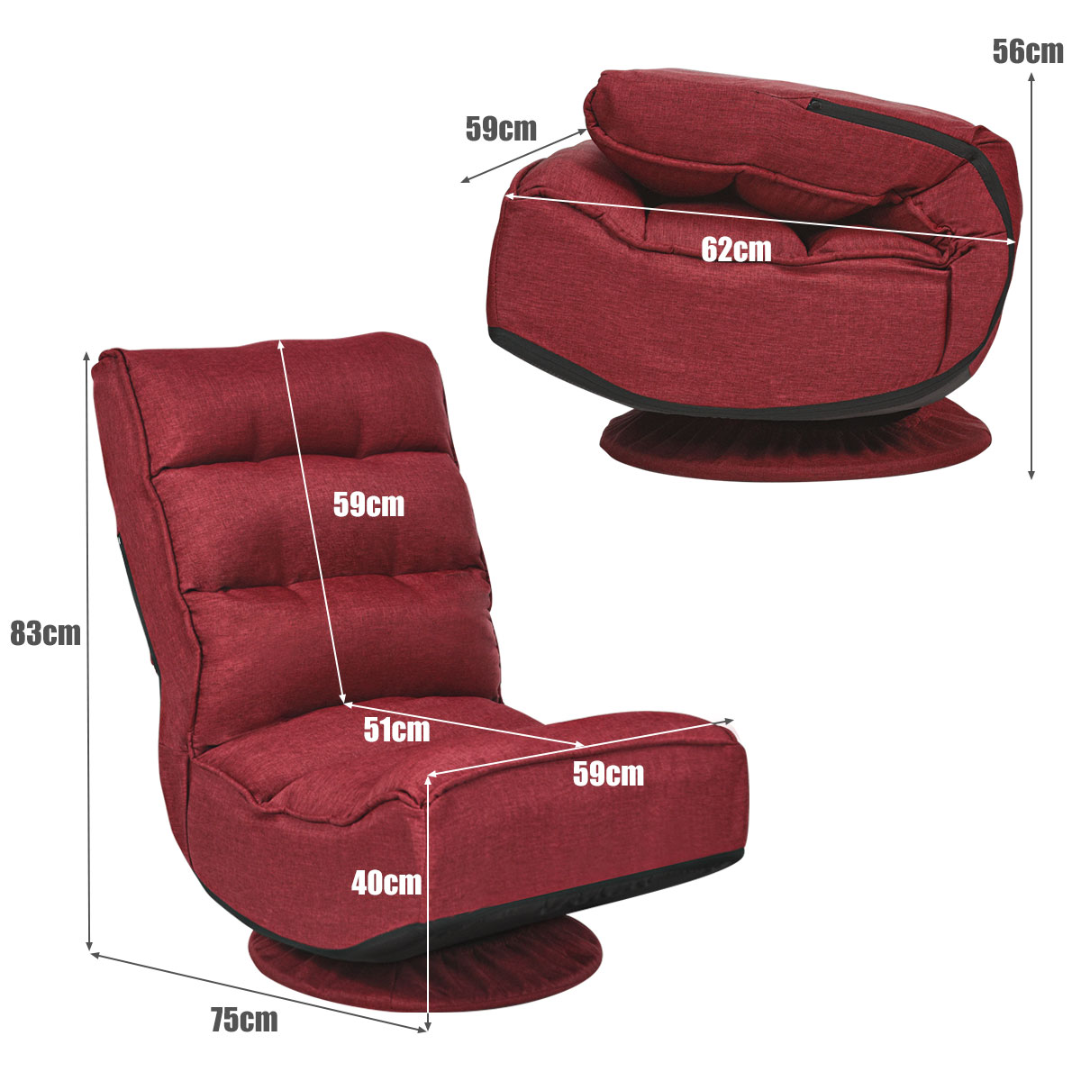 Silla a Ras de Suelo Giratoria a 360° Regulable en 5 Posiciones para Videojuegos Adultos Leer Mirar la TV Rojo 59 x 75 x 83 cm