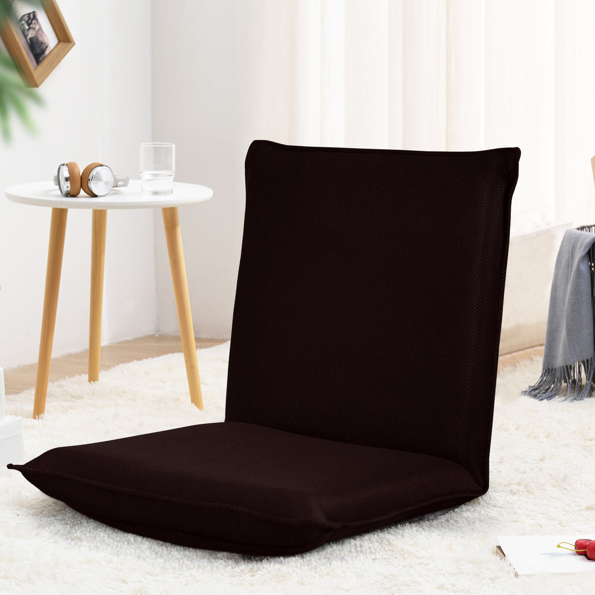 Silla a Ras de Suelo Sillón Reclinable Acolchado Regulable con Soporte Espalda Ideal para Leer Meditar Café 98 x 47 x 7,5 cm