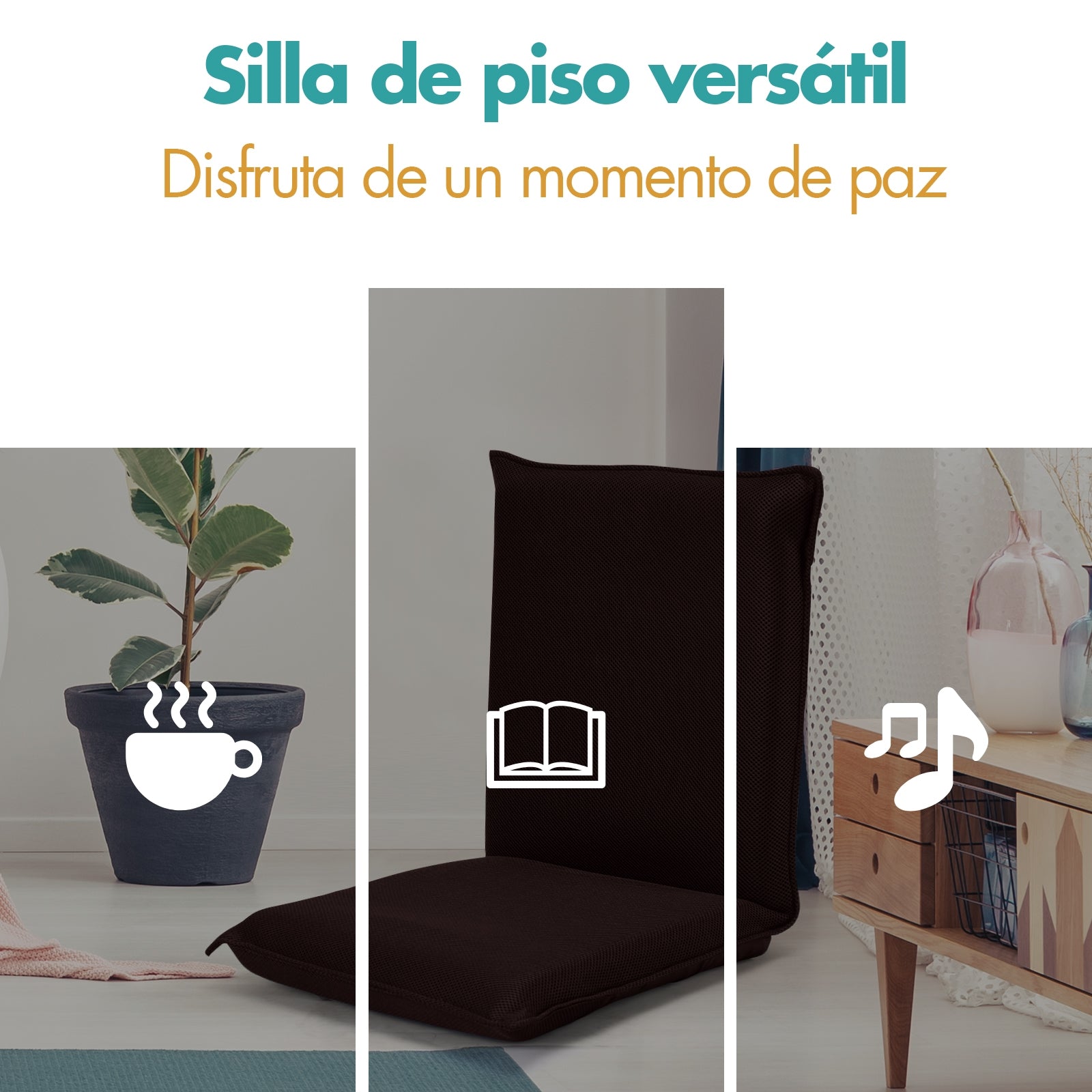 Silla a Ras de Suelo Sillón Reclinable Acolchado Regulable con Soporte Espalda Ideal para Leer Meditar Café 98 x 47 x 7,5 cm