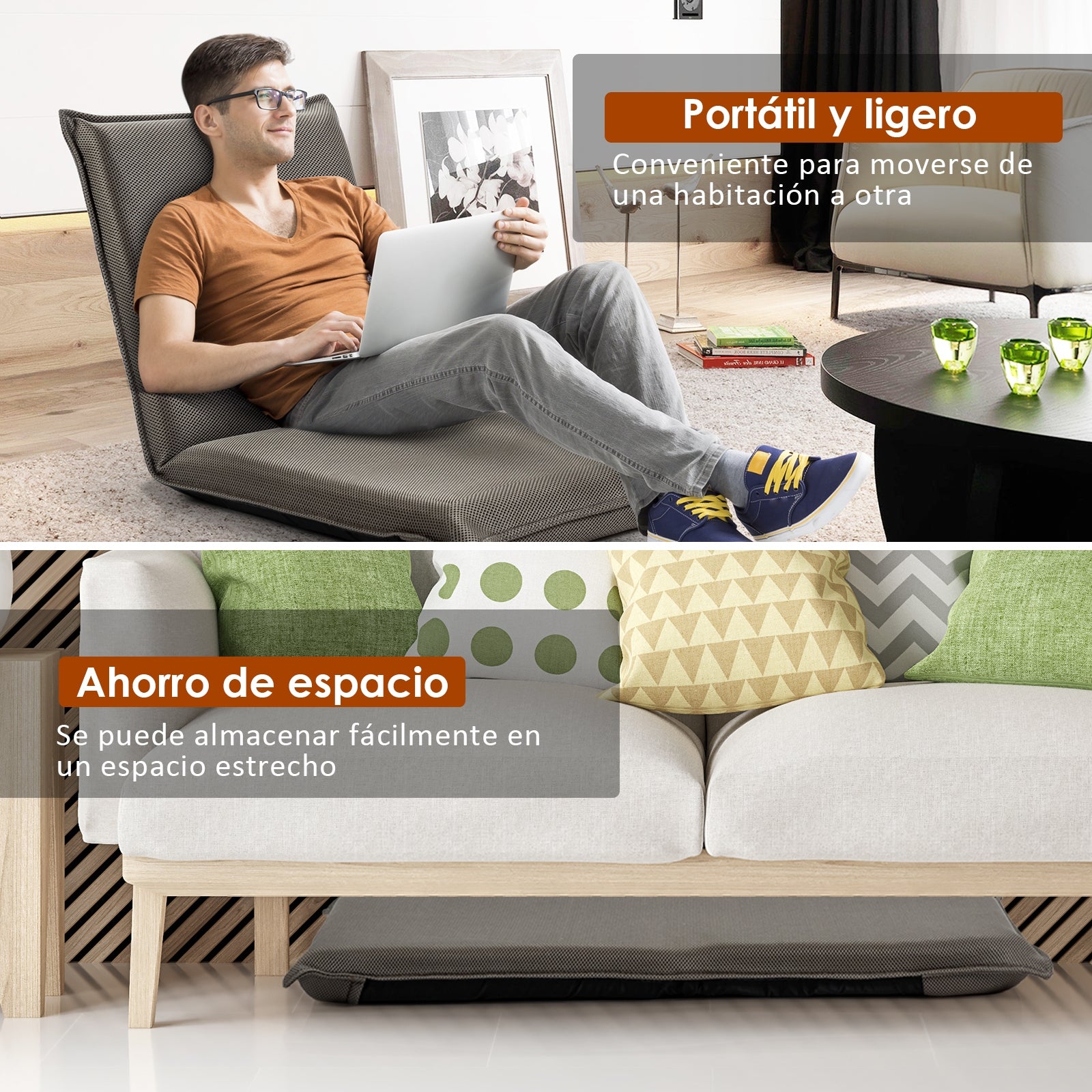 Silla a Ras de Suelo Sillón Reclinable Acolchado Regulable con Soporte Espalda Ideal para Leer Meditar Gris 98 x 47 x 7,5 cm