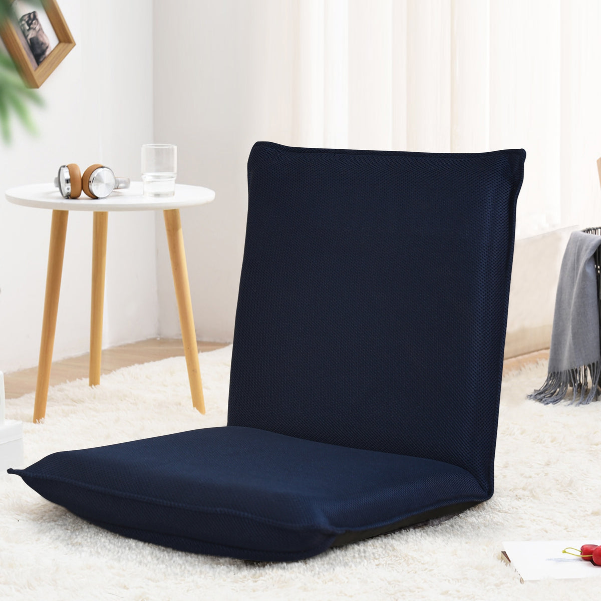 Silla a Ras de Suelo Sillón Reclinable Acolchado Regulable con Soporte Espalda Ideal para Leer Meditar Azul Marino 98 x 47 x 7,5 cm