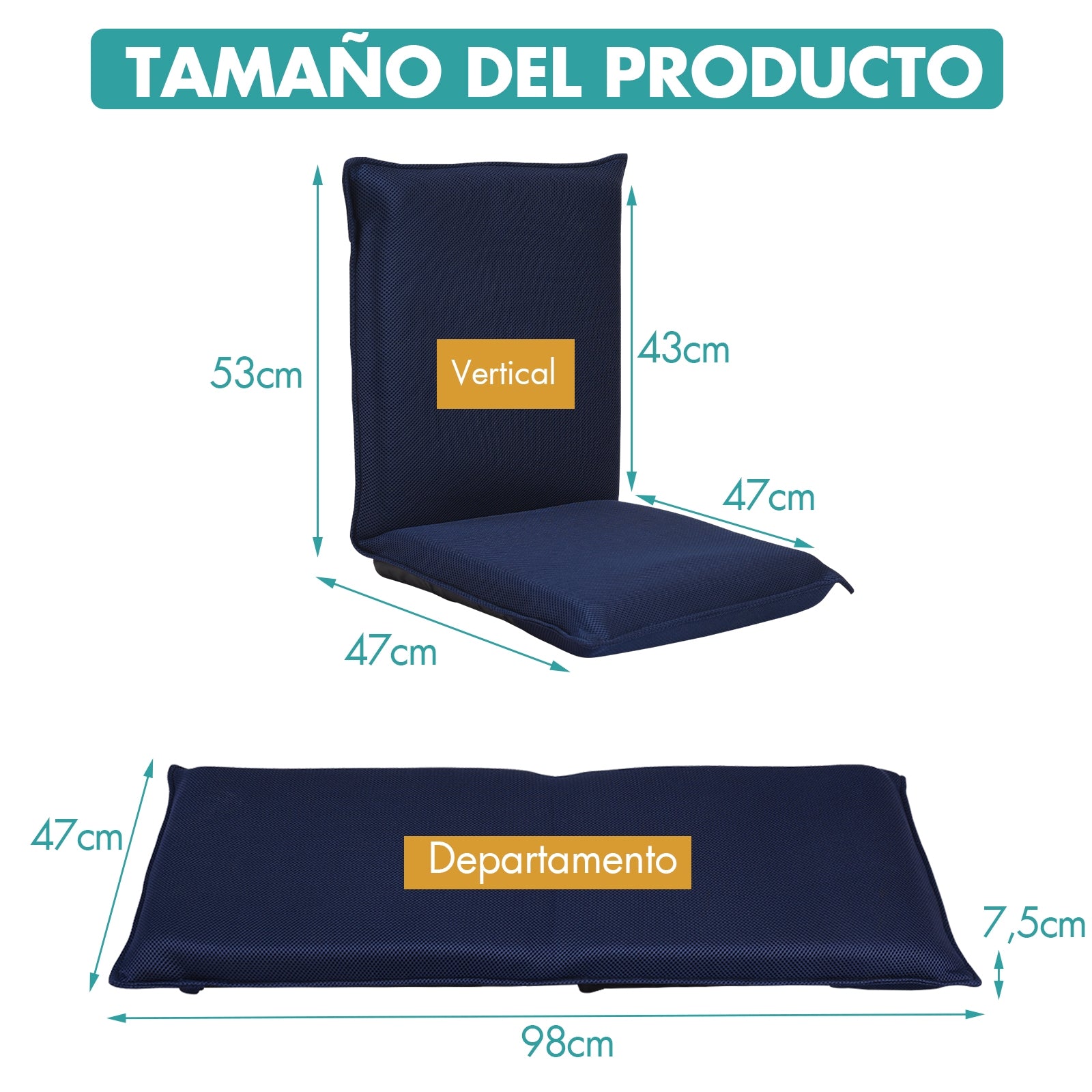 Silla a Ras de Suelo Sillón Reclinable Acolchado Regulable con Soporte Espalda Ideal para Leer Meditar Azul Marino 98 x 47 x 7,5 cm