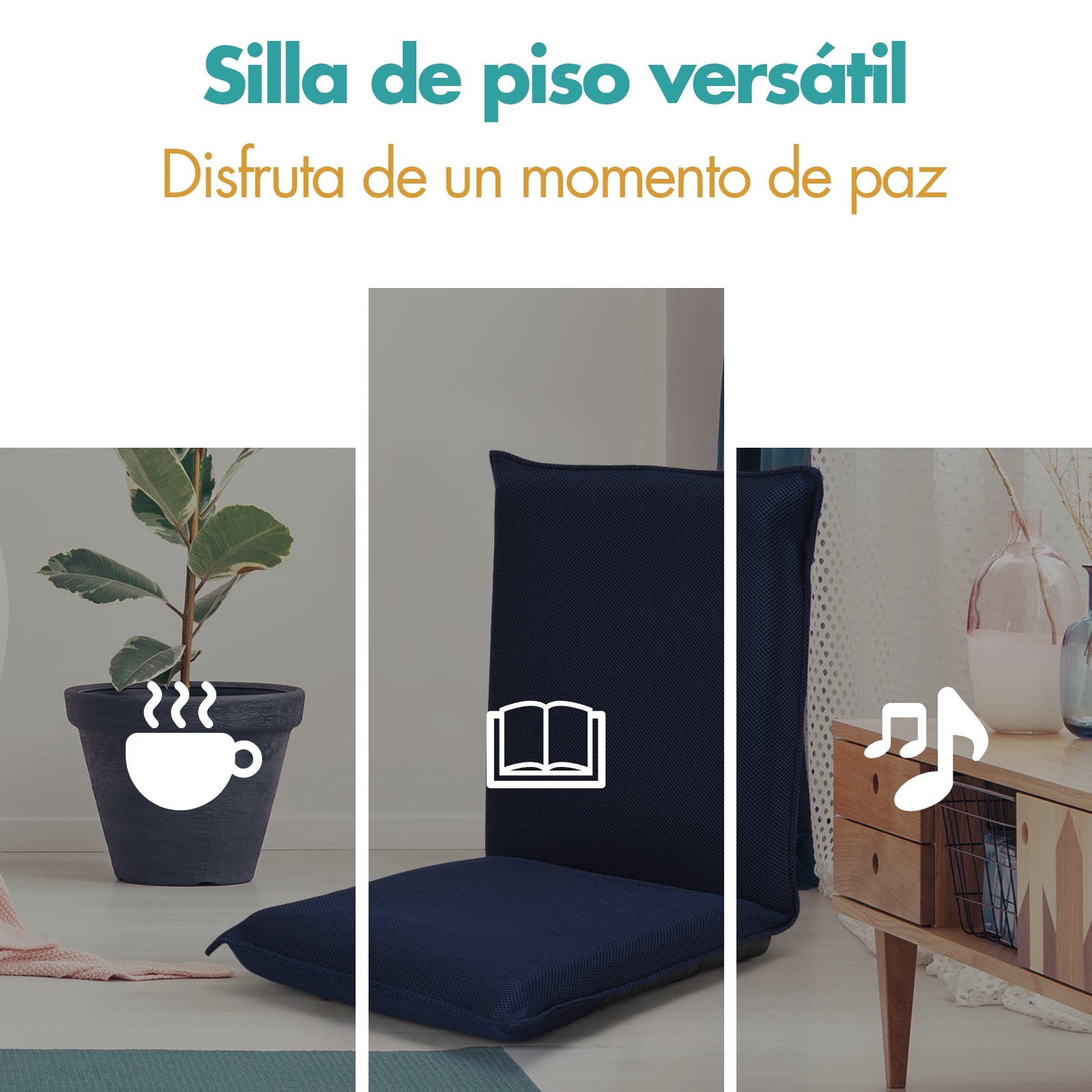 Silla a Ras de Suelo Sillón Reclinable Acolchado Regulable con Soporte Espalda Ideal para Leer Meditar Azul Marino 98 x 47 x 7,5 cm