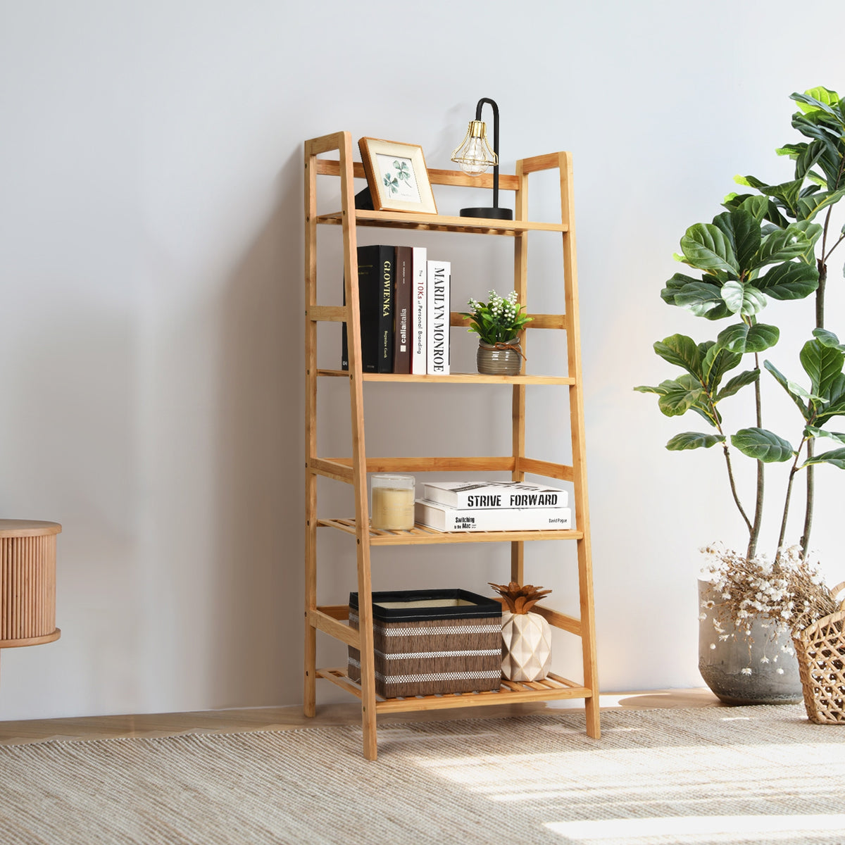 Estante de Escalera Librería Multiuso para Plantas de Bambú con 4 Niveles Decoración para Salón Cocina Baño Natural 48 x 32 x 115 cm