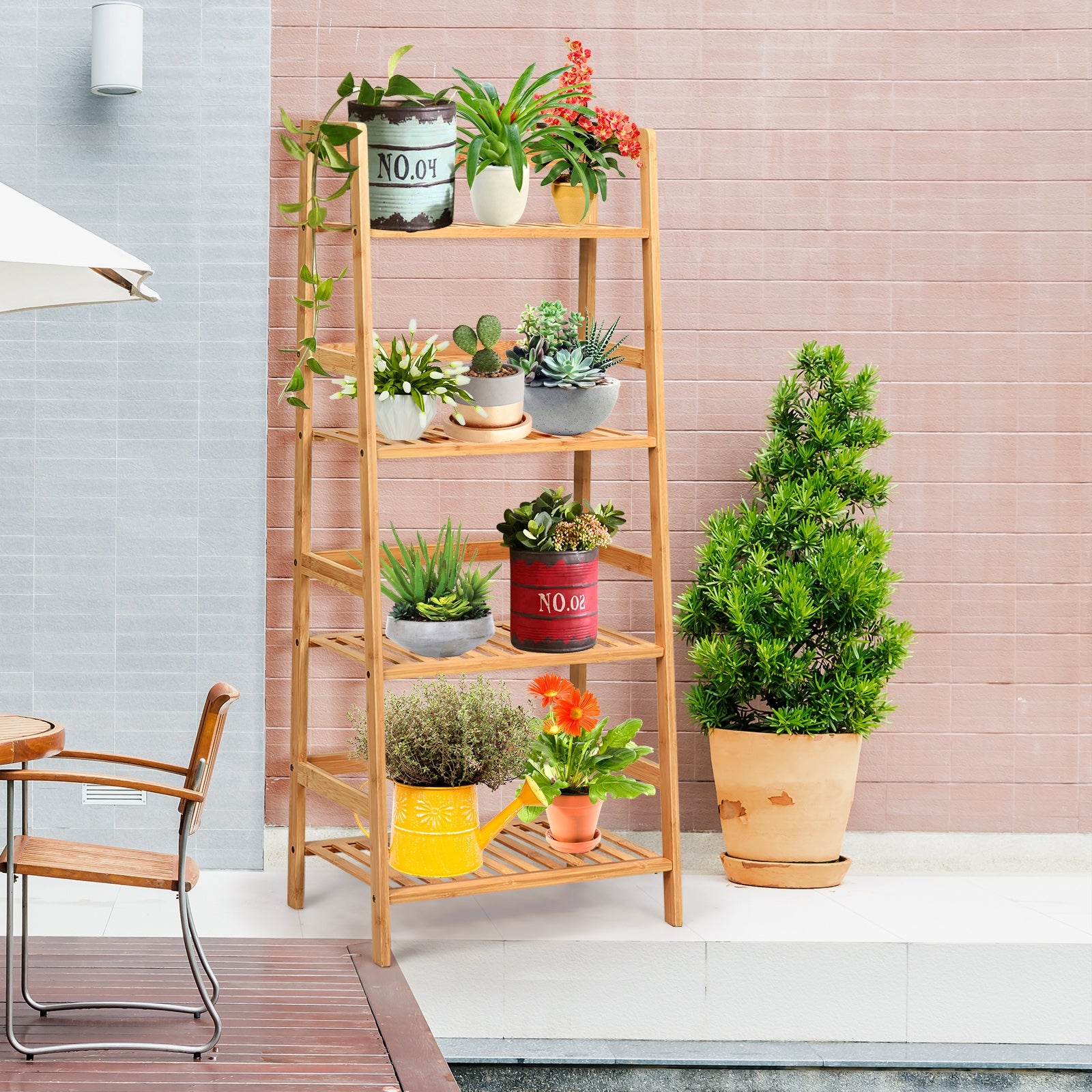 Estante de Escalera Librería Multiuso para Plantas de Bambú con 4 Niveles Decoración para Salón Cocina Baño Natural 48 x 32 x 115 cm