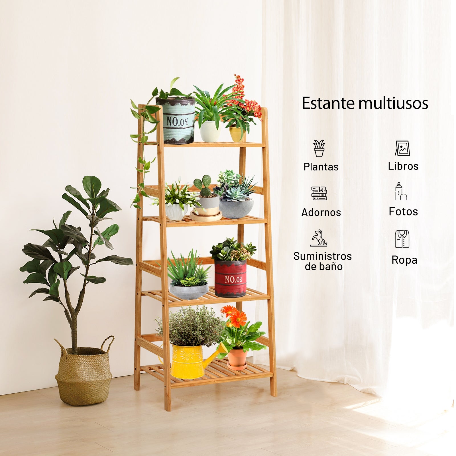 Estante de Escalera Librería Multiuso para Plantas de Bambú con 4 Niveles Decoración para Salón Cocina Baño Natural 48 x 32 x 115 cm