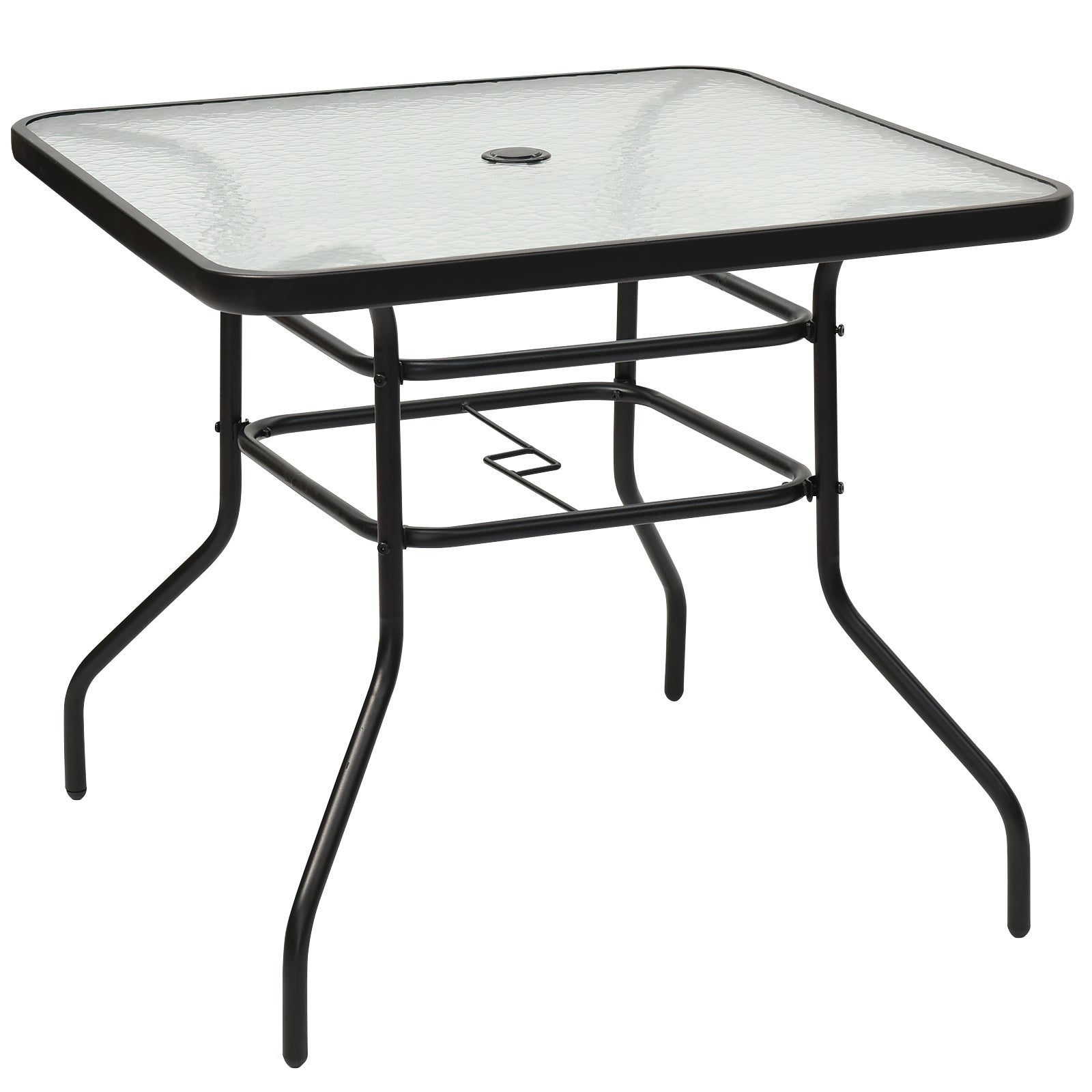 Mesa Auxiliar con Tablero de Vidrio para Patio Mesita Baja de Té con Hoyo para Sombrilla en Metal para Jardín Balcón 81 x 81 x 71 cm Negro