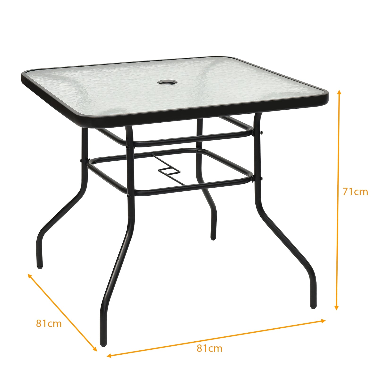 Mesa Auxiliar con Tablero de Vidrio para Patio Mesita Baja de Té con Hoyo para Sombrilla en Metal para Jardín Balcón 81 x 81 x 71 cm Negro