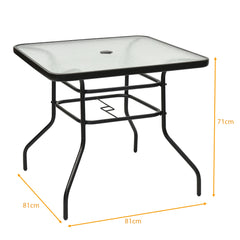 Mesa Auxiliar con Tablero de Vidrio para Patio Mesita Baja de Té con Hoyo para Sombrilla en Metal para Jardín Balcón 81 x 81 x 71 cm Negro