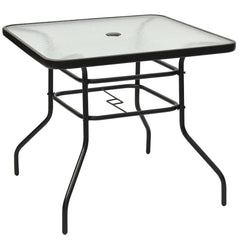 Mesa Auxiliar con Tablero de Vidrio para Patio Mesita Baja de Té con Hoyo para Sombrilla en Metal para Jardín Balcón 81 x 81 x 71 cm Negro