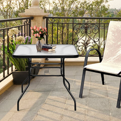 Mesa Auxiliar con Tablero de Vidrio para Patio Mesita Baja de Té con Hoyo para Sombrilla en Metal para Jardín Balcón 81 x 81 x 71 cm Negro