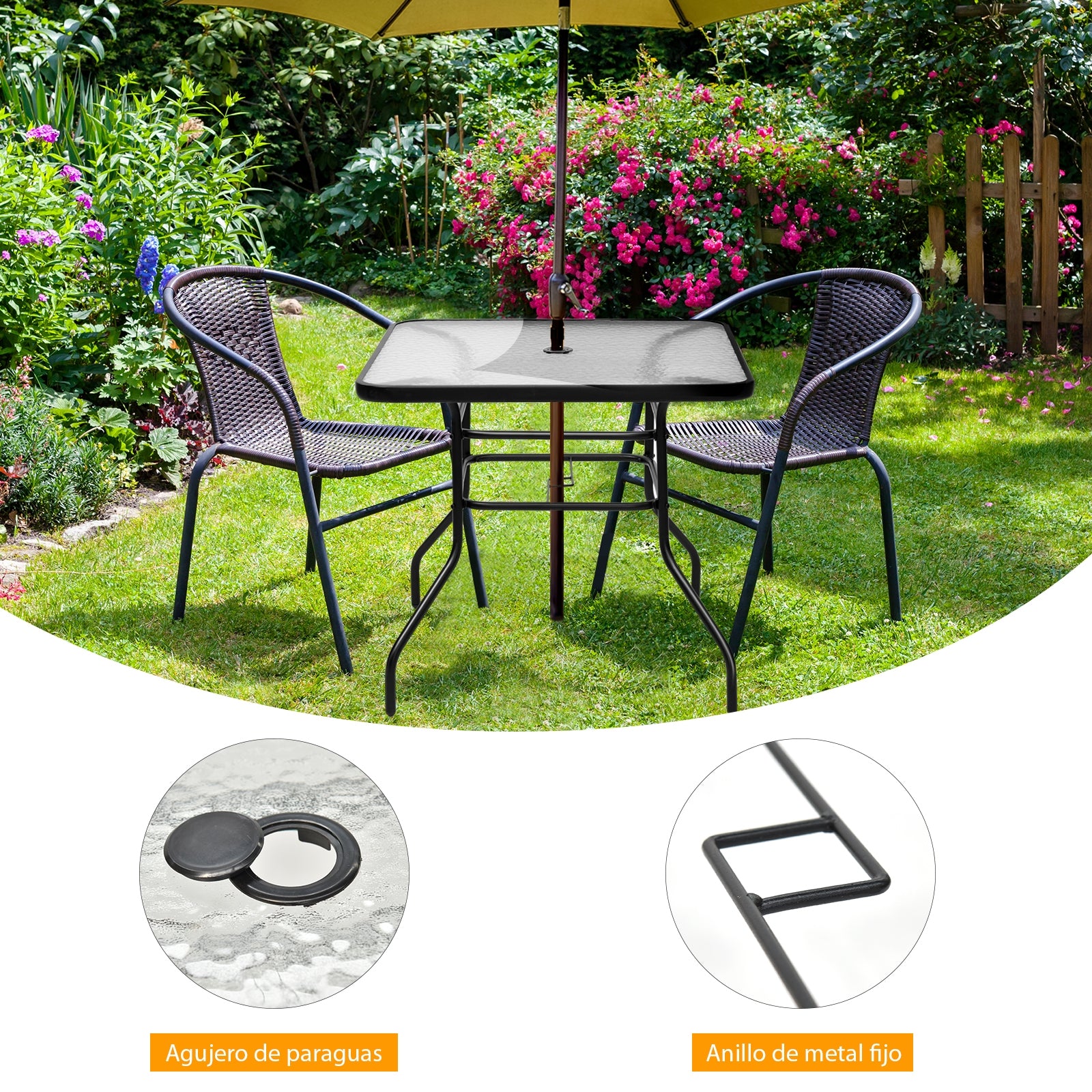 Mesa Auxiliar con Tablero de Vidrio para Patio Mesita Baja de Té con Hoyo para Sombrilla en Metal para Jardín Balcón 81 x 81 x 71 cm Negro