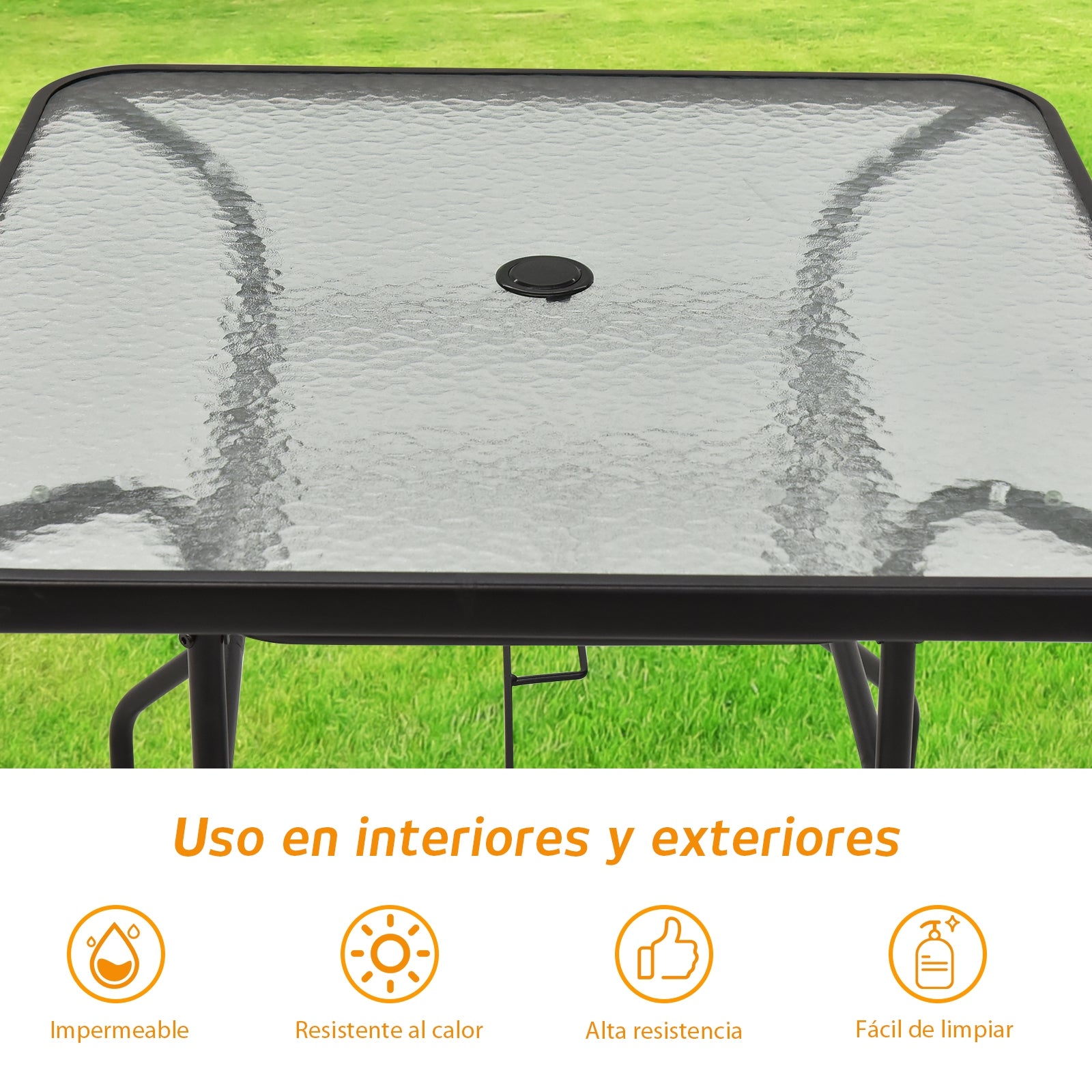 Mesa Auxiliar con Tablero de Vidrio para Patio Mesita Baja de Té con Hoyo para Sombrilla en Metal para Jardín Balcón 81 x 81 x 71 cm Negro