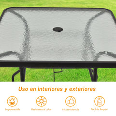 Mesa Auxiliar con Tablero de Vidrio para Patio Mesita Baja de Té con Hoyo para Sombrilla en Metal para Jardín Balcón 81 x 81 x 71 cm Negro