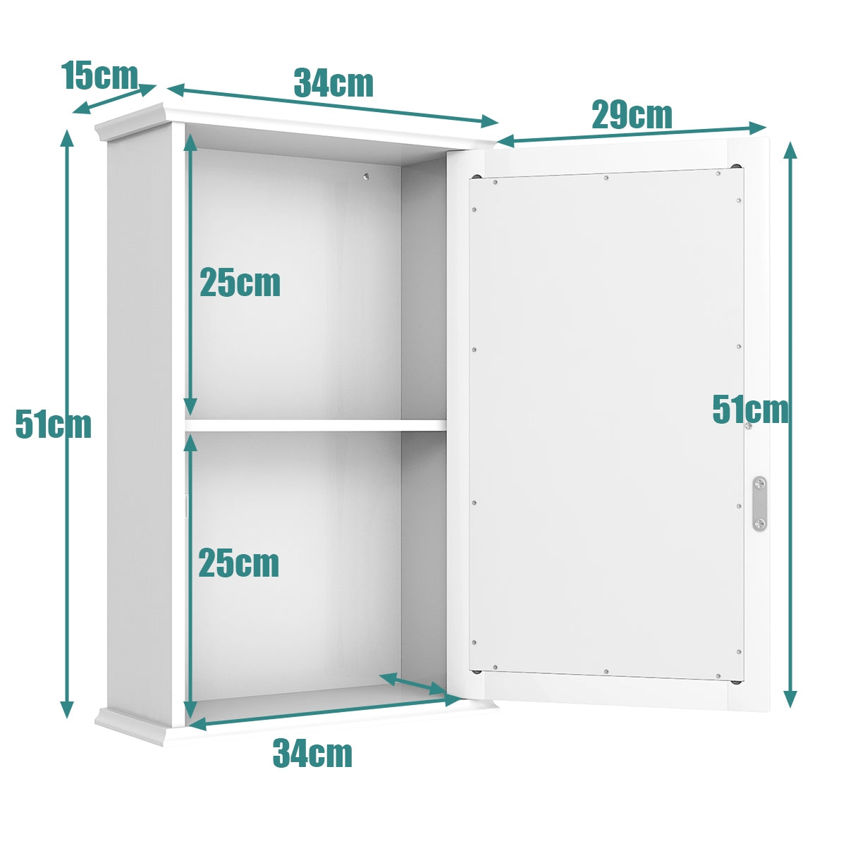 Armario del Baño con Espejo Montado a la Pared con Una Puerta y Repisa Regulable para Casa Baño Cocina Blanco 34 x 15 x 51 cm