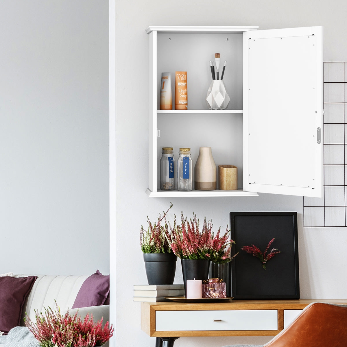 Armario del Baño con Espejo Montado a la Pared con Una Puerta y Repisa Regulable para Casa Baño Cocina Blanco 34 x 15 x 51 cm