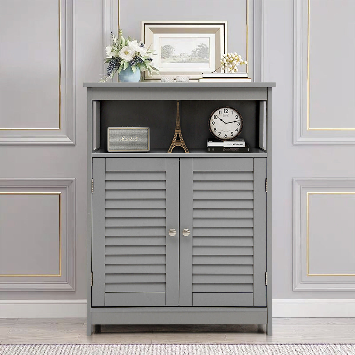 Armario del Baño con Doble Puerta de Persiana y Repisa Regulable para Salón Dormitorio Gris 60 x 30,5 x 80 cm