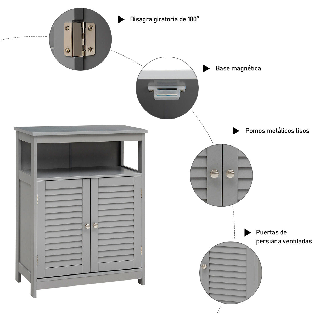 Armario del Baño con Doble Puerta de Persiana y Repisa Regulable para Salón Dormitorio Gris 60 x 30,5 x 80 cm