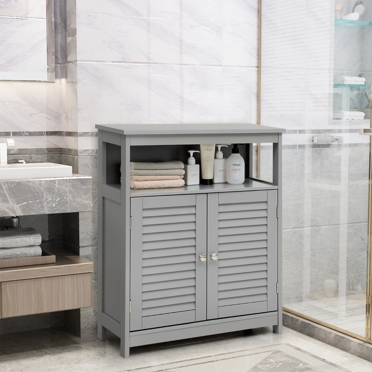 Armario del Baño con Doble Puerta de Persiana y Repisa Regulable para Salón Dormitorio Gris 60 x 30,5 x 80 cm