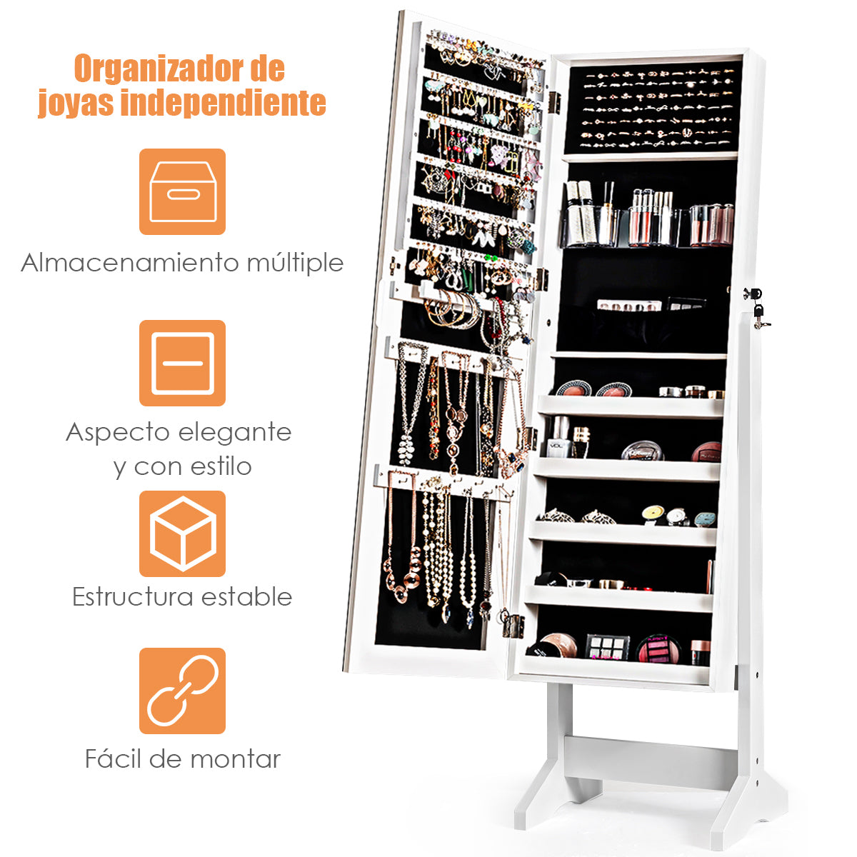 Armario para Joyas con Espejo de Cuerpo Entero Armario Vertical Joyero 4 Ángulos Regulables Blanco 41 x 36,5 x 146 cm