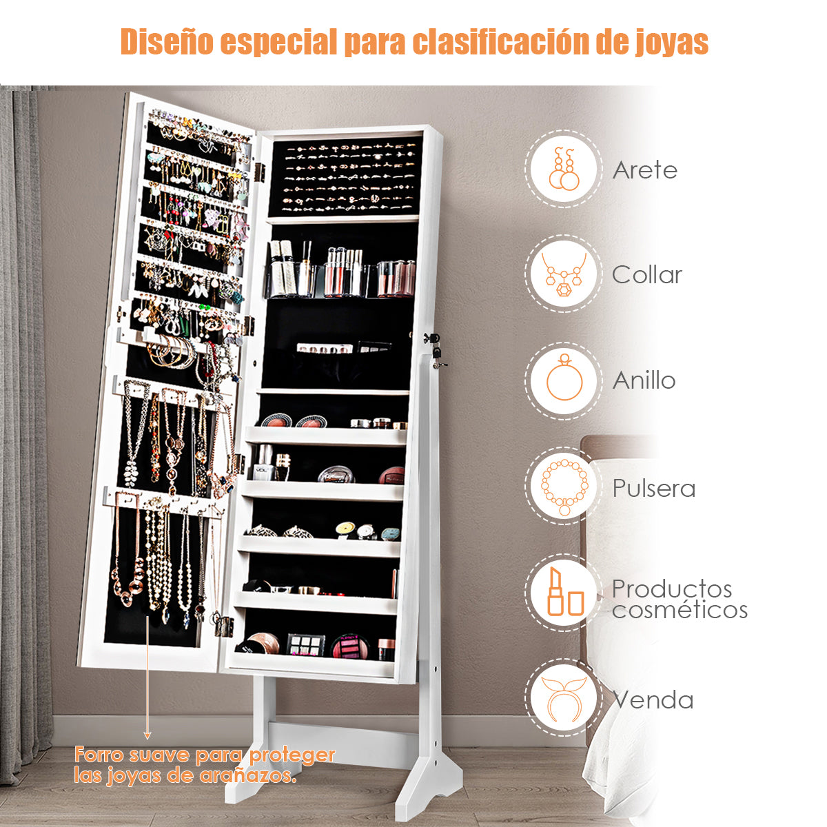 Armario para Joyas con Espejo de Cuerpo Entero Armario Vertical Joyero 4 Ángulos Regulables Blanco 41 x 36,5 x 146 cm