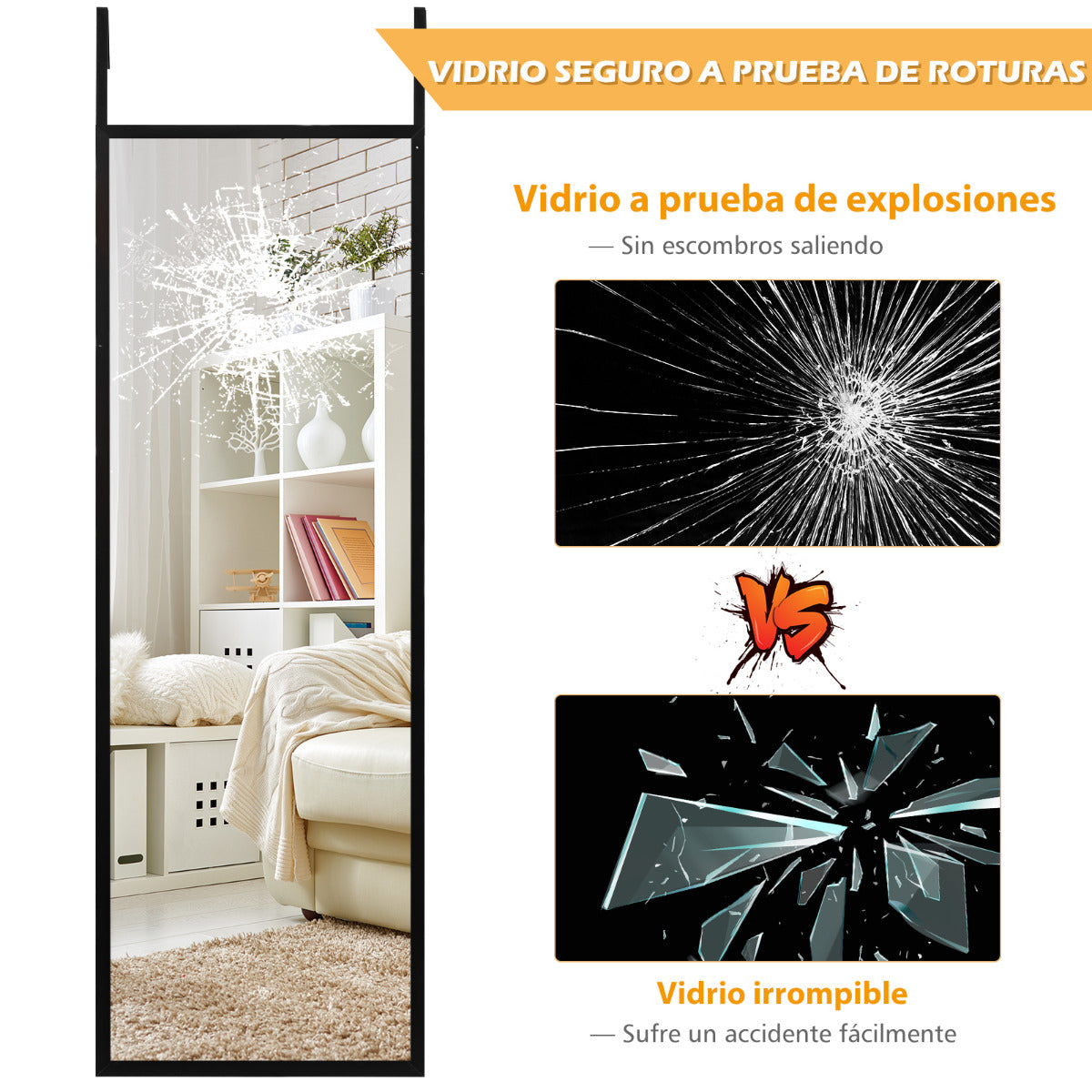 Espejo de Cuerpo Entero para Pared con 2 Set de Ganchos Regulables para Habitación Baño Entrada Negro 107 x 1,5 x 36,5 cm