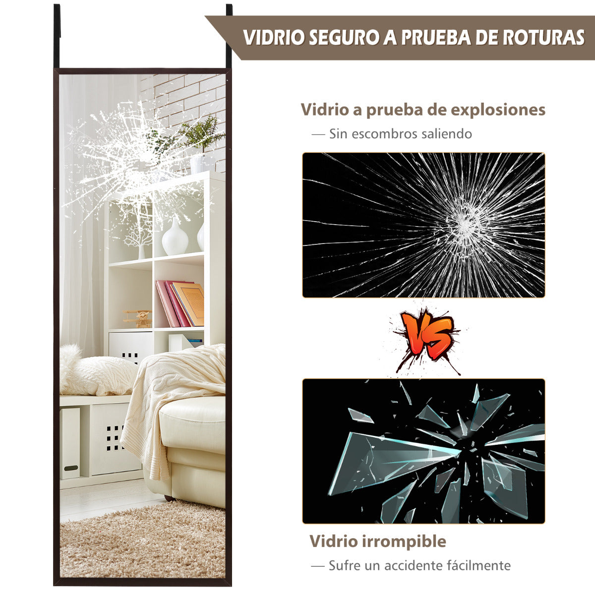 Espejo de Cuerpo Entero para Pared con 2 Set de Ganchos Regulables para Habitación Baño Entrada Café 107 x 1,5 x 36,5 cm