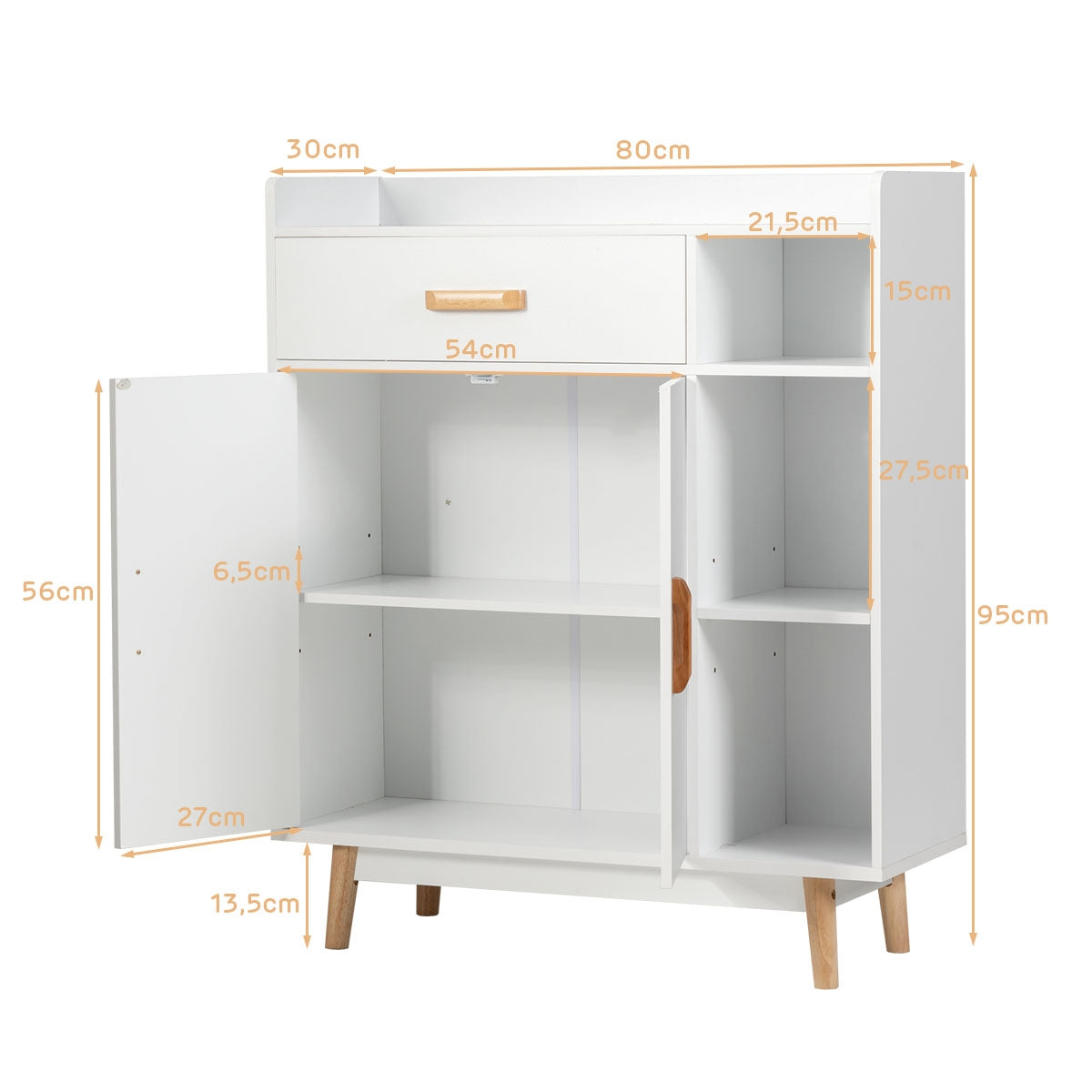 Armario con 1 Cajón 2 Puertas 3 Repisas y 4 Patas de Madera de Goma para Baño Casa y Oficina Blanco 80 x 30 x 95 cm