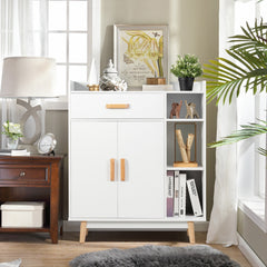 Armario con 1 Cajón 2 Puertas 3 Repisas y 4 Patas de Madera de Goma para Baño Casa y Oficina Blanco 80 x 30 x 95 cm