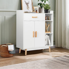 Armario con 1 Cajón 2 Puertas 3 Repisas y 4 Patas de Madera de Goma para Baño Casa y Oficina Blanco 80 x 30 x 95 cm