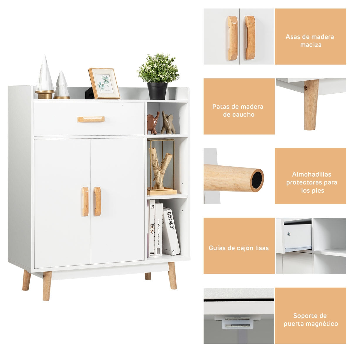 Armario con 1 Cajón 2 Puertas 3 Repisas y 4 Patas de Madera de Goma para Baño Casa y Oficina Blanco 80 x 30 x 95 cm
