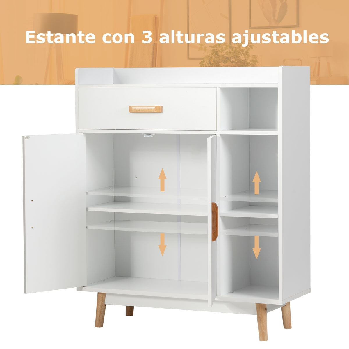 Armario con 1 Cajón 2 Puertas 3 Repisas y 4 Patas de Madera de Goma para Baño Casa y Oficina Blanco 80 x 30 x 95 cm