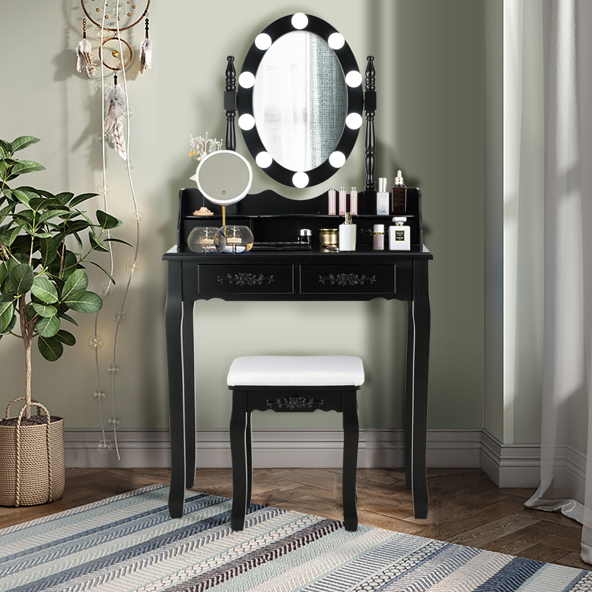 Set Mesa Tocador y Taburete Acolchado Mesa de Maquillaje con Espejo Ovalado Iluminado 10 Luces Led e Interruptor Táctil Negro