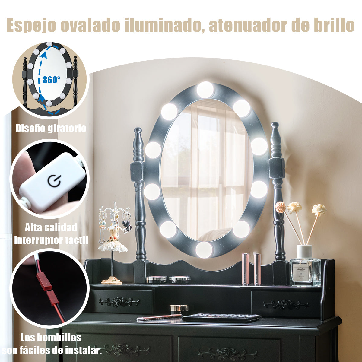 Set Mesa Tocador y Taburete Acolchado Mesa de Maquillaje con Espejo Ovalado Iluminado 10 Luces Led e Interruptor Táctil Negro