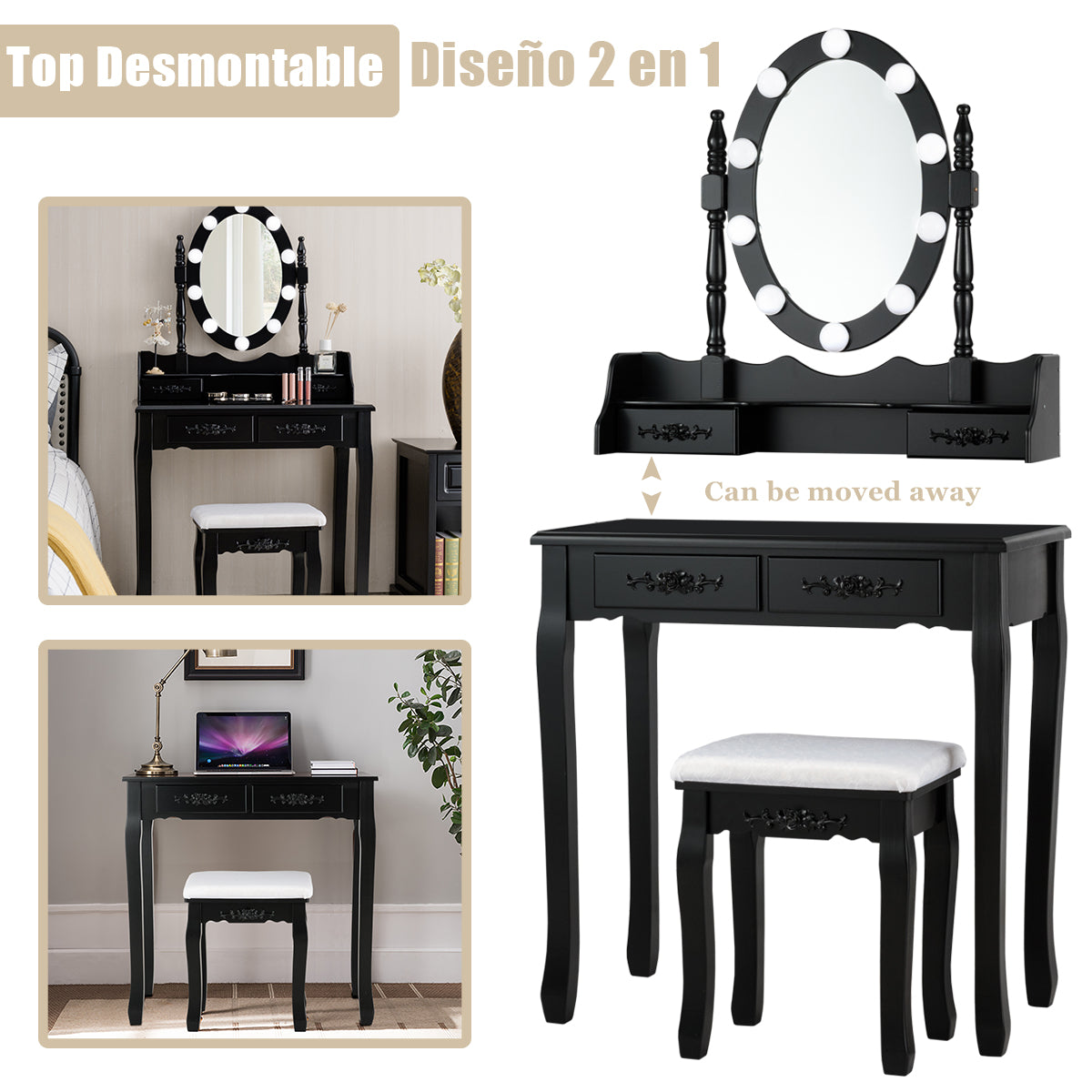 Set Mesa Tocador y Taburete Acolchado Mesa de Maquillaje con Espejo Ovalado Iluminado 10 Luces Led e Interruptor Táctil Negro