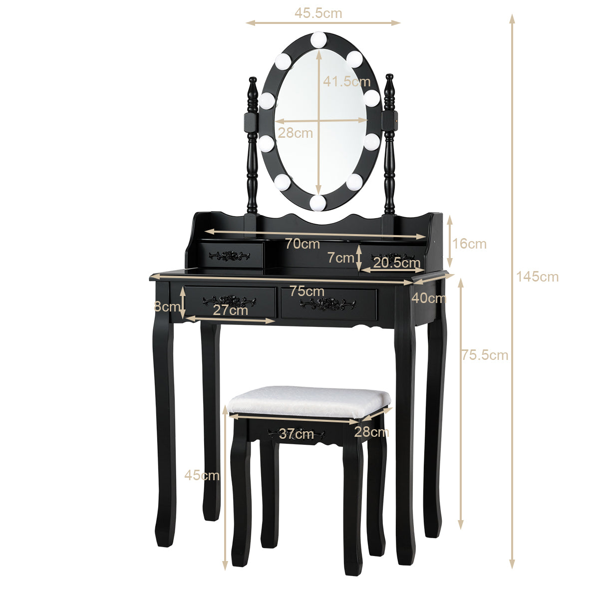Set Mesa Tocador y Taburete Acolchado Mesa de Maquillaje con Espejo Ovalado Iluminado 10 Luces Led e Interruptor Táctil Negro