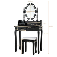 Set Mesa Tocador y Taburete Acolchado Mesa de Maquillaje con Espejo Ovalado Iluminado 10 Luces Led e Interruptor Táctil Negro