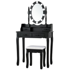 Set Mesa Tocador y Taburete Acolchado Mesa de Maquillaje con Espejo Ovalado Iluminado 10 Luces Led e Interruptor Táctil Negro
