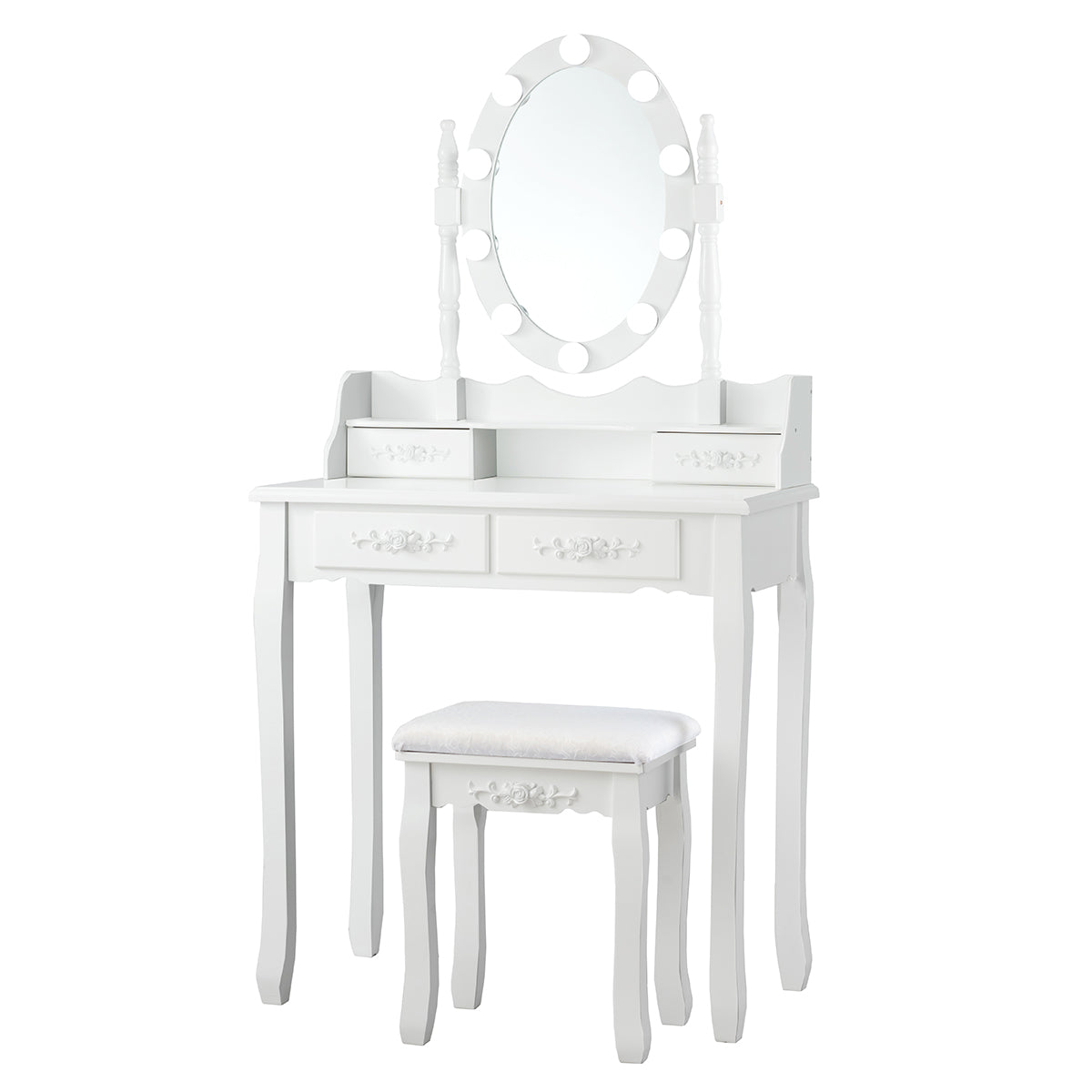 Set Mesa Tocador y Taburete Acolchado Mesa de Maquillaje con Espejo Ovalado Iluminado 10 Luces Led e Interruptor Táctil Blanco