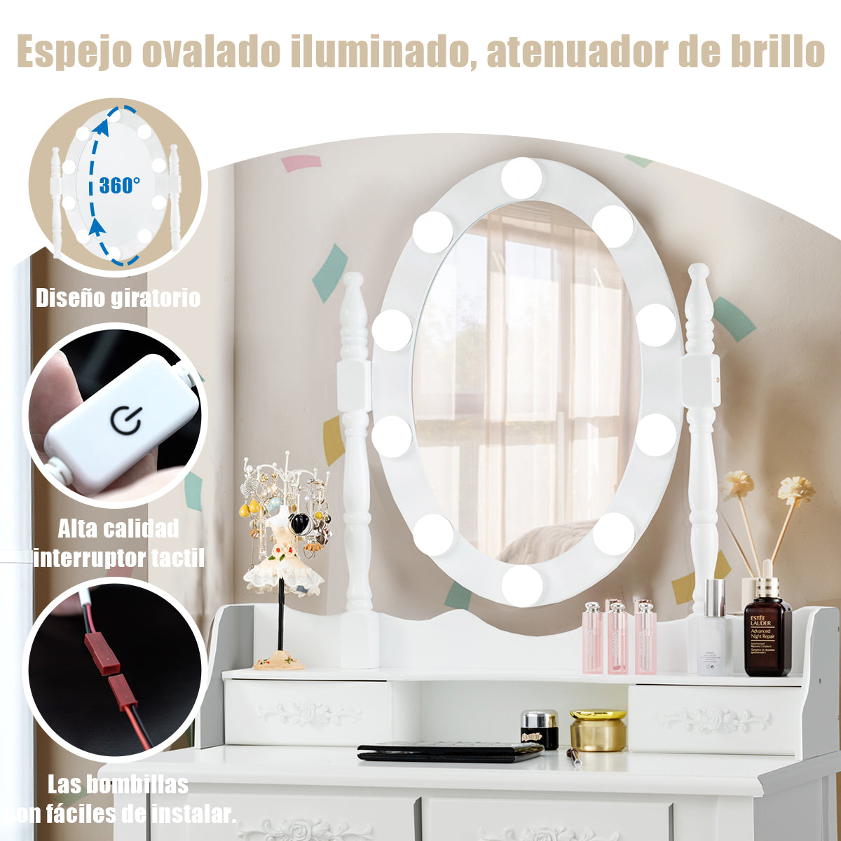 Set Mesa Tocador y Taburete Acolchado Mesa de Maquillaje con Espejo Ovalado Iluminado 10 Luces Led e Interruptor Táctil Blanco