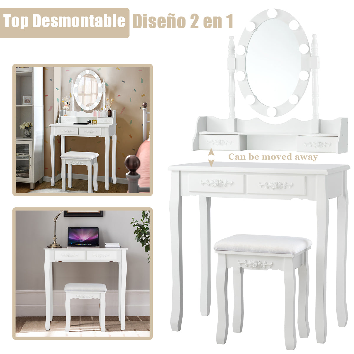Set Mesa Tocador y Taburete Acolchado Mesa de Maquillaje con Espejo Ovalado Iluminado 10 Luces Led e Interruptor Táctil Blanco